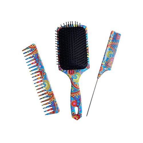 The Oriental Hair Brush and Comb Set by BeaverStrong - Far East All Purpose Large Paddle Brush and Combs Kit for Men and Women (3-Pack)