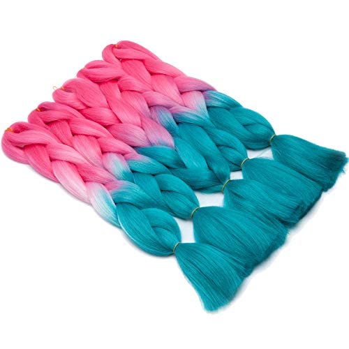 24 Inch Ombre Jumbo Braiding Hair Extensions Jumbo Braid Hair Ombre Long Jumbo Braids For Box Twist Braid Crochet Hair High Temperature Fiber 3 Tone Colored (3 Bundles, Dark Pink to Lake Blue)