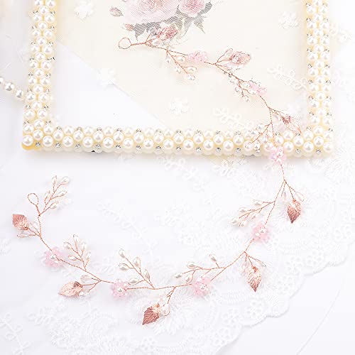 Teyglen Wedding Bride Rhinestones Pearls Crystal Headband Hair Vine Handmade Bridal Rose Gold Flower Beads Leaf Headband Wedding Hair Accessories for Brides Floral Hair Pieces Headpieces for Women