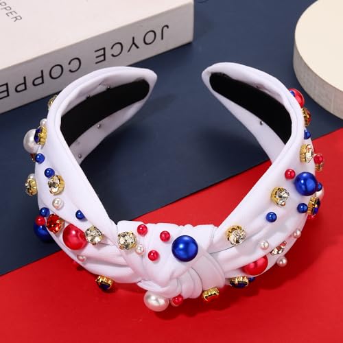 GLBCC USA 4 th of July Pearl Knotted Headband for Women Red White Blue Pearl Rhinestone Jeweled Hairband American Flag Patriotic Independence Day Wide Headband Summer Beach Hair Accessories