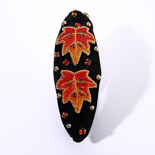 mokkia Fall Headband for Women Thanksgiving Rhinestone Pearl Knotted Headband Orange Beaded Maple Leaf Embellished Headband Wide Top Knot Headband Autumn Fall Accessories Outfits Gifts (Maple Leaf 1)