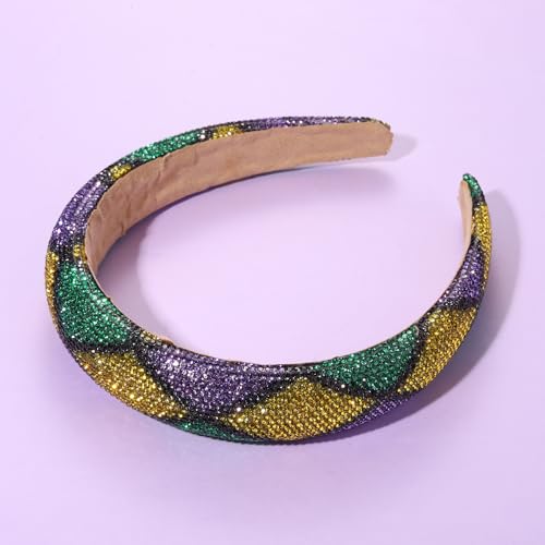 Mardi Gras Headband for Women Sparkly Rhinestone Jeweled Headband Wide Padded Head Band Carnival Parade Holiday Party Headband Hair Accessories Gifts