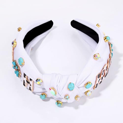 Western Cowgirl Headband Accessories for Women Cowgirl Cowboy Boot Embellished Headband Rhinestone Crystal Pearl Top Knot Headband Rodeo Nashville Bachelorette Party Country Concert Outfit (White 2)