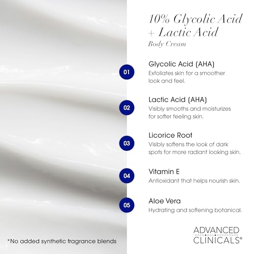 Advanced Clinicals 10% Glycolic Acid + Lactic Acid Lotion Exfoliant Moisturizing Cream With Hyaluronic Acid Moisturizer | AHA Exfoliating Body Cream Improves Look Of Uneven Rough Skin Texture, 16 Oz