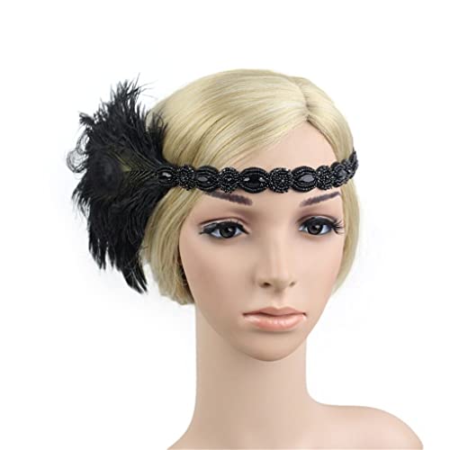 Roaring Art Deco 1920s Headpieces for Women Flapper Headband 20s Gatsby Costume Peacock Hair Accessories 06Black