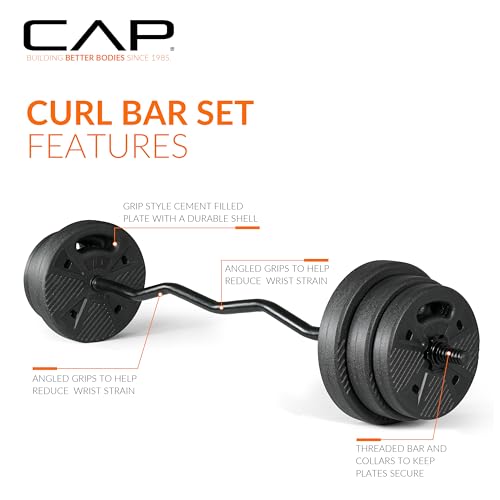 CAP Barbell Threaded Curl Bar Set with 50 LB Cement Grip Weight Plates | EZ Curl Bar with Threaded Collars for Strength Training & Home Gym Workouts