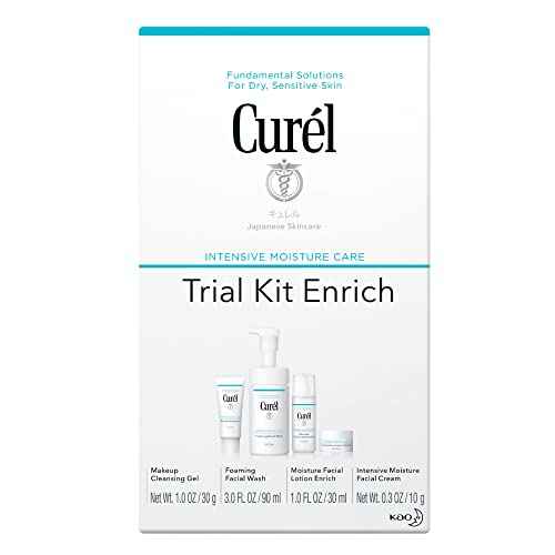 Curel Japanese Skin Care Trial Kit, Cleansing Gel, Foaming Face Wash, Facial Lotion, Facial Cream with Ceramides for Dry, Sensitive Skin, Travel Size, Cruise Ship Essentials, Fragrance & Alcohol Free