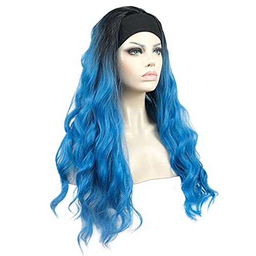 Aimole Long 24" Wavy Wigs 3/4 Women Wig With Headband Black Blue Ombre Synthetic Hair (1+T4330)