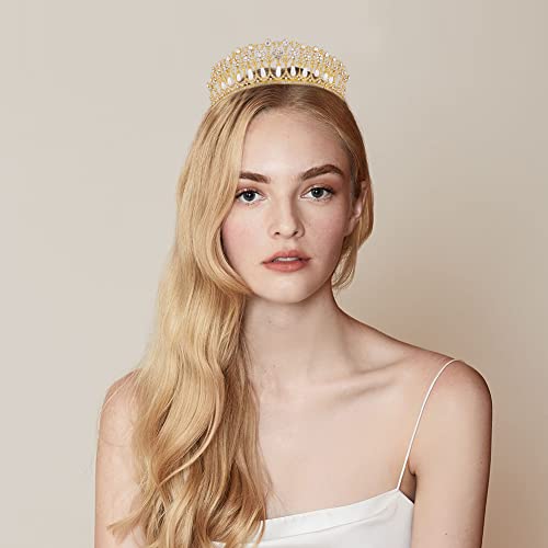 Vofler Wedding Tiara, Bride Pearl Crown - Gold Crystal Rhinestone Headband for Women Queen Ladies Flower Girls Bridal Birthday Pageant Prom Homecoming Halloween Princess Diana Costume Party