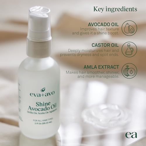 Eva + Avo Avocado Oil for Hair – Hydrating Hair Oil with Avocado and Castor Oil – Paraben and Sulfate-Free – Reduces Frizz and Restores Shine - 2 Fl Oz