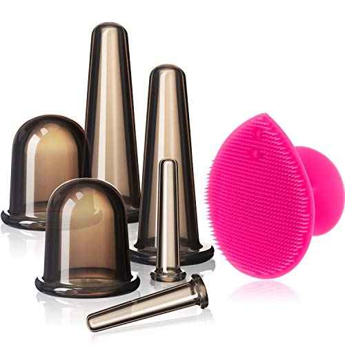 BBTO Silicone Facial Cupping Set, Vacuum Massage Cup Kit for Body, Face, Neck, Back, and Eye, 6 Cups and Exfoliating Brush(Black)