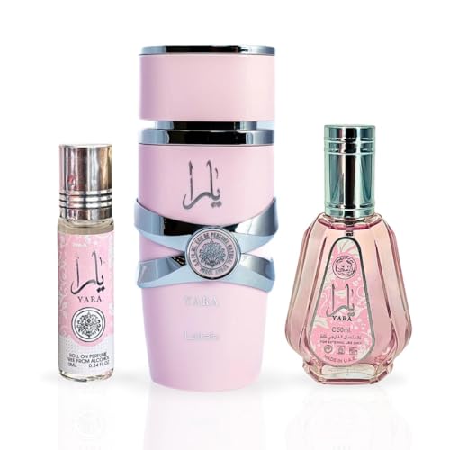 Lattafa Yara 3-piece Fragrance Bundle for Women (3.4 Oz Eau de Parfum Spray + 1.7 Oz Eau de Parfum Spray + 0.34 Oz Roll-On Perfume Oil)