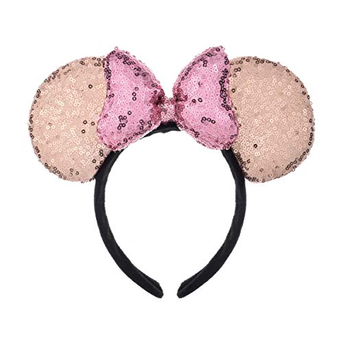 A Miaow 3D Black Mouse Sequin Ears Headband MM Glitter Butterfly Hair Clasp Park Supply Adults Women Photo Accessory (Champagne and Pink)