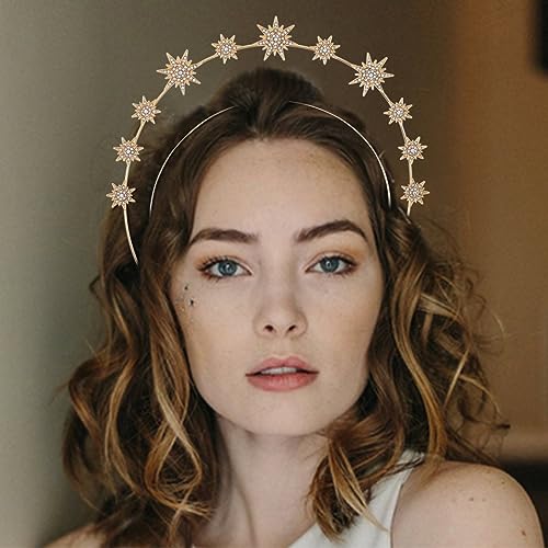 Fashey Rhinestone Halo Crown Headband Layered Gold Star Crown Headbands Goddess Halo Crown Costume Boho Bridal Wedding Party Headpiece for Women and Girls (Gold)