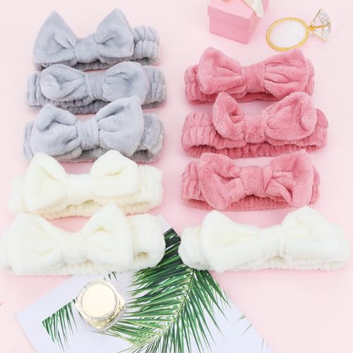 Casoty 9 Pcs Skincare Headbands, Sleepover Party Favors, Bow Hair Band, Soft Coral Fleece Spa Headband, Facial Headband for Face Washing Shower Yoga Spa Party