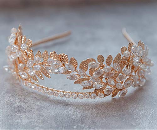 Aimimier Bridal Crystal Leaf Vine Tiara Crown Gold Leaf Headband Wedding Headpiece Bridesmaid Prom Festival Hair Accessories for Women and Girls (Gold)