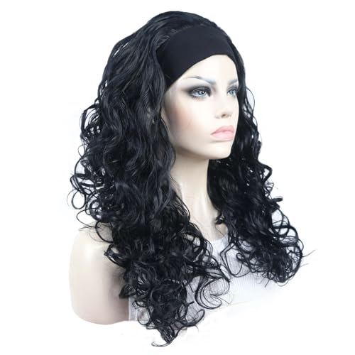 Aimole Long 22" Curly 3/4 Women Wigs With Headband Soft Layered Wig Heat Resisting Fiber Synthetic Hair (1 Black)