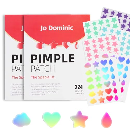Jo Dominic 224 Counts Cute & Fashion Stars Pimple Patches for Face, Hydrocolloid Acne Patches, Zits Absorbing Patch, Covering Zits and Blemishes with Salicylic Acid, Tea Oil & Centella, Cruelty Free