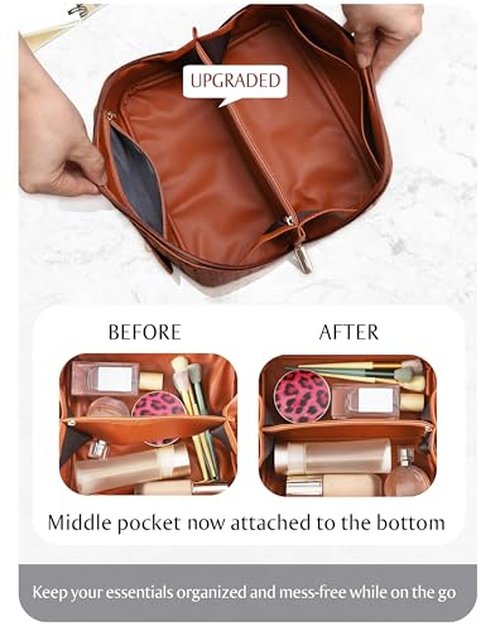 ALEXTINA Large Capacity Travel Cosmetic Bag - Portable Makeup Bags for Women Travel Toiletry Bag Waterproof Leather Checkered Makeup Organizer Bag for Travel Essentials, Open Flat Make up Bag, Black