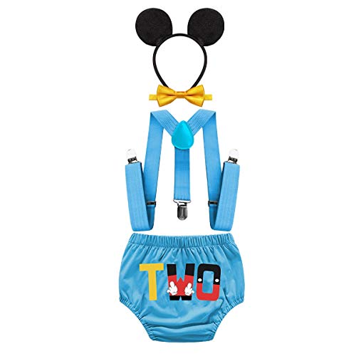 HIHCBF Baby Boys 2nd Birthday Party Outfits Cake Smash Photo Shoot Costume Cartoon Bloomers Suspenders Bow Tie Headband Blue