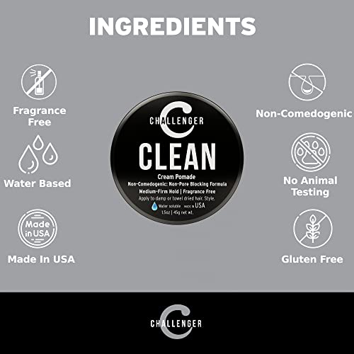 Challenger Fragrance Free Cream Pomade | Non-Comedogenic Styling Product | Unscented Hair Gel | Medium Firm Hold & Clean Ingredients | 1.5oz