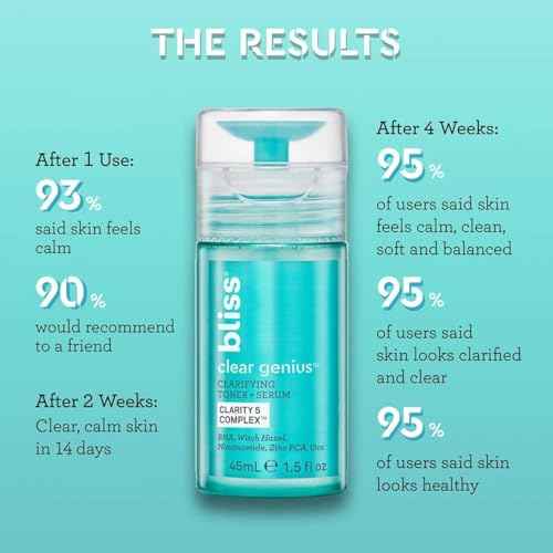 Bliss Clear Genius Clarifying Toner + Serum - 4.3 Fl Oz - Purifies Pores, Tones, Calms & Clears Skin - Salicylic Acid, Niacinamide & Witch Hazel - Clean Paraben Free - Vegan & Cruelty-Free