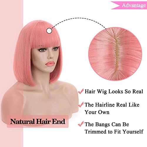 Rosa Star Ash Pink Wig Women's Short Bob Light Pink with Bangs 12'' Straight Synthetic Hair Wig for Halloween Comic-con Costume Anime Cosplay Party