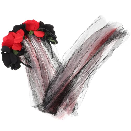 minkissy Halloween Ghost Festival Party Hair Accessories Black Rose Headband with Veil Halloween Flower Cosplay Wedding Headpiece Black Costume Veil Europe Gothic Polyester Cloth Women's