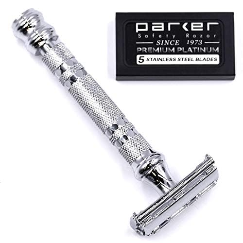 Parker 66R Butterfly Safety Razor - Long Handle Twist-to-Open Brass Frame for Comfortable Shaves | 5 Blades Included