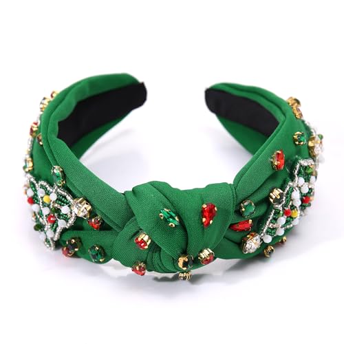 Christmas Headband Red Green Rhinestone Crystal Jeweled Knotted Heabdand Festive Holiday Wide Top Knot Hairband Headpiece Christmas Party Costume Accessories Gift (green Christmas tree headband)