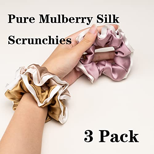 Silmer Silk Scrunchies Silk Hair Ties 100% Mulberry 5 Pack(Caramel,Dark Grey,Champagne Gold,Navy Blue,Black)