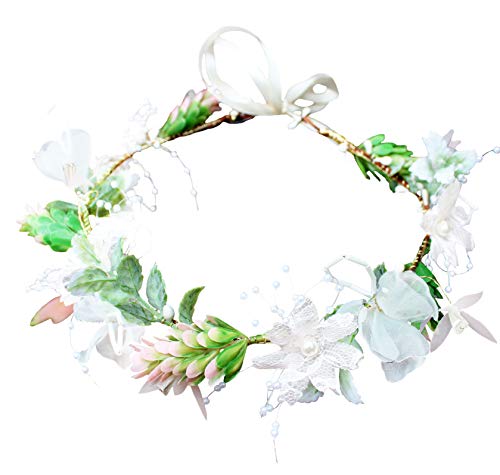 Vivivalue Pearl Flower Crown Floral Garland Headband Flower Halo Headpiece Hair Wreath Boho with Ribbon Wedding Party Photos Festival