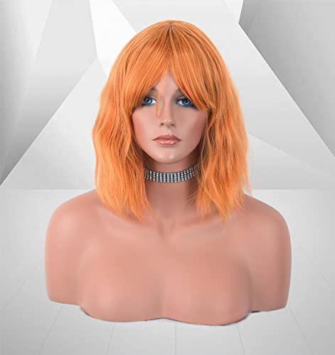 LANOVA Short Curly Wig with Bangs, Yellow Hair Wig, Synthetic Loose Wavy Wigs, Light Orange Wob Wig, 10 inch LANOVA-134-9