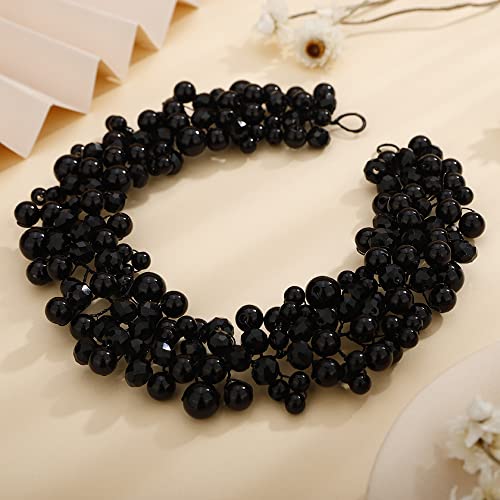 Teyglen Wedding Bride Pearl Crystal Headband Hair Vine Handmade Bridal Black Rhinestones Beads Headband Wedding Hair Accessories for Brides Hair Pieces Headpieces for Women Girl (Black)