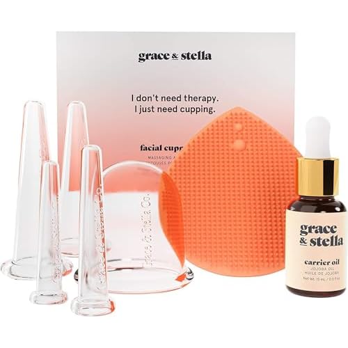 Facial Cupping (7-Pc Set) - Face Cupping Set - Facial Suction Cups With Jojoba Oil & Cleansing Brush To Reduce Appearance Of Fine Lines - Face Suction Cup Set For Lymphatic Drainage by grace & stella