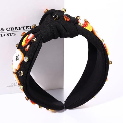 NVENF Halloween Headband Accessories for Women Crystal Pearl Knotted Headband Embellished Beaded Pumpkin Candy Corn Boo Headbands Rhinestone Jeweled Top Knot Headband Costume Party Favors (Ghost 3)