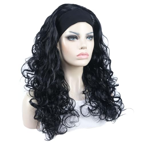 Aimole Long 22" Curly 3/4 Women Wigs With Headband Soft Layered Wig Heat Resisting Fiber Synthetic Hair (1 Black)