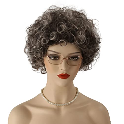 QACCF Grey Old Lady Wig Short Curly Granny Costume Grandma Glasses and Pearl Necklace Wig (Black Gray)