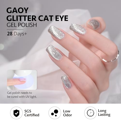GAOY Glassy Cat Eye Gel Nail Polish, 16ml Glitter Holographic Nail Polish with Magnet, Reflective Translucent UV Gel, 2062 Pale Blush