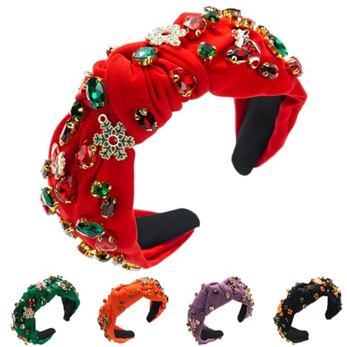 Christmas Rhinestone Headband Crystal Knotted Beaded Jeweled Headbands for Women Girls Xmas Tree Socks Top Hairband Wide Hair Band Christmas Costume Hair Accessories