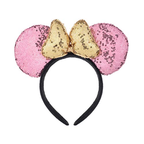 A Miaow 3D Black Mouse Sequin Ears Headband MM Glitter Butterfly Hair Clasp Park Supply Adults Women Photo Accessory (Pink and Golden)