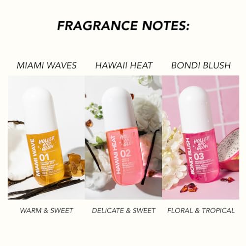 Bundle of Holler And Glow Body & Hair Mist, Body Spray For Women, Hair Perfume, Long Lasting Fragrance, Floral, Tropical, Vanilla, Warm & Sweet Fragrance Notes, 8.11 Fl Oz, 3 Pack Variety