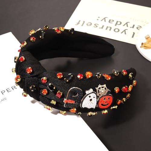 YAHPERN Halloween Headband for Women Spooky Pumpkin Ghost Headband Jeweled Rhinestone Knotted Headband Halloween Accessories