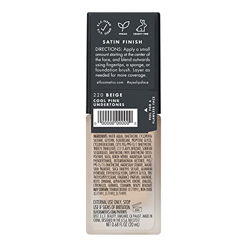 e.l.f. Flawless Satin Foundation, Lightweight & Medium Coverage, Semi-Matte Finish, Vegan & Cruelty-Free, Lily, 0.68 Fl Oz (20mL)