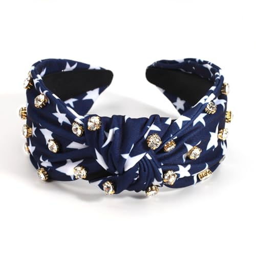 Ardorchid 4th of July Headbands for Women Girls America Independence Day Patriotic Headbands Rhinestone Knotted Wide USA Blue Star Hair Accessories