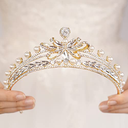 Wekicici Baroque Pearl Tiara Gold Crystal Crown Elegant Rhinestone Headband Bridal Headpiece Princesss Queen Crown for Women Girl Wedding Birthday Party Prom Pageant Gift(Gold)