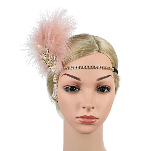 STIOEDYUAN 1920s Flapper Feather Headband Art Decor Gatsby Rhinestone Leaf Medallion imitation Pearl Headpiece Hair Accessories Women (Pink)