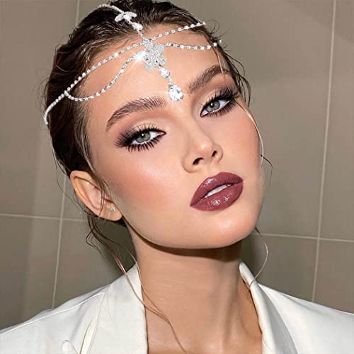 Aularso Layered Head Jewelry Forehead Wedding Hair Chain Rhinestone Headpiece Bridal Halloween Headband for Women and Girls (Silver)