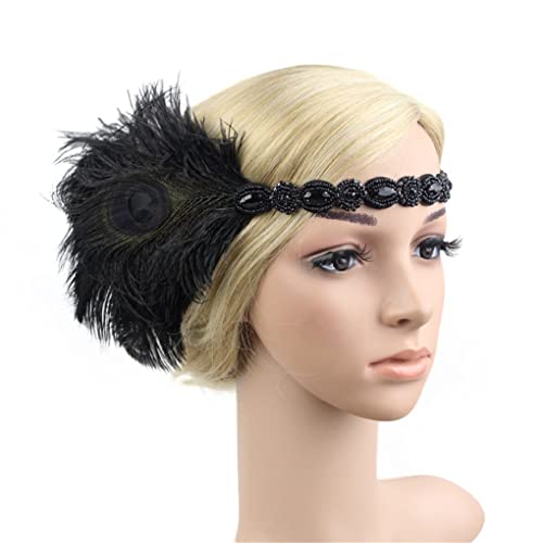 Roaring Art Deco 1920s Headpieces for Women Flapper Headband 20s Gatsby Costume Peacock Hair Accessories 06Black