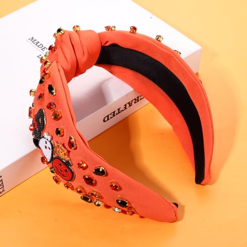 YAHPERN Halloween Headband for Women Spooky Pumpkin Spider Ghost Headband Jeweled Rhinestone Crystal Knotted Headband Embellished Wide Top Knot Headband Halloween Hair Accessories Outfits Party Gifts